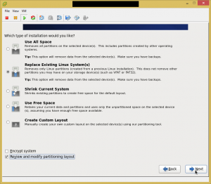 Choose 'Review and modify partitioning layout' and click Next