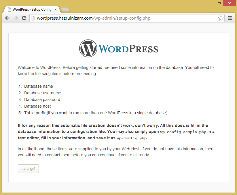 Set up WordPress - Create configuration file page