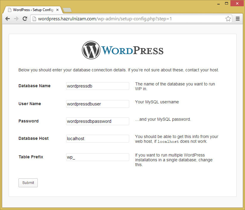 Set up WordPress - Setup Configuration page