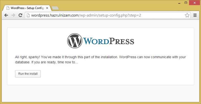 Set up WordPress - Configuration success