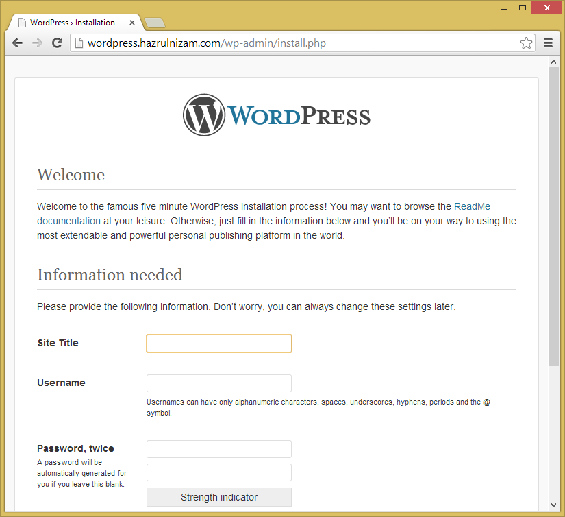 Set up WordPress - Install page
