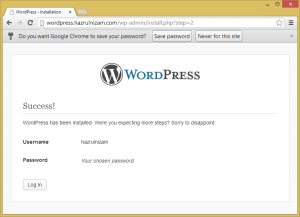 Set up WordPress - Install success page