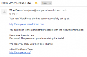 Set up WordPress - New WordPress Site email